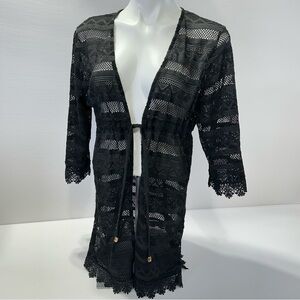 Club Z Black Lace Swim Cover-Up Size L Crochet Knit Mesh Drawstring Waist